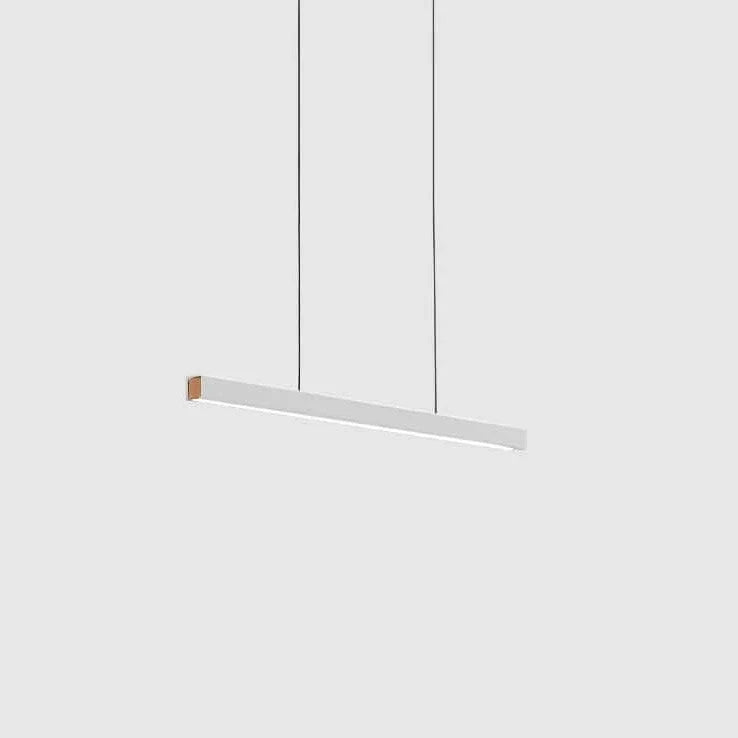 Linear LED pendant with wood ends, in matte white with beech