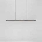 Linear LED pendant with wood ends, in matte black with walnut
