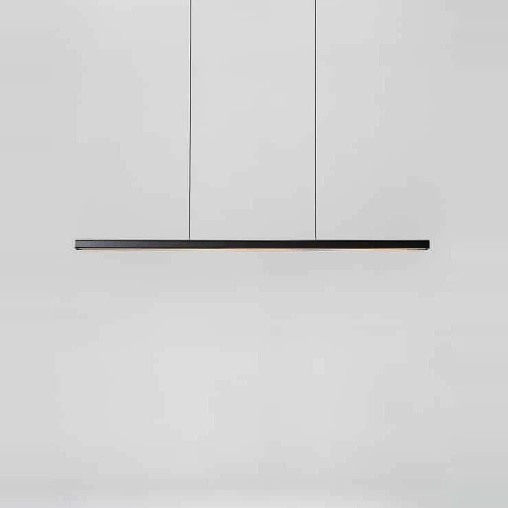 Linear LED pendant with wood ends, in matte black with walnut