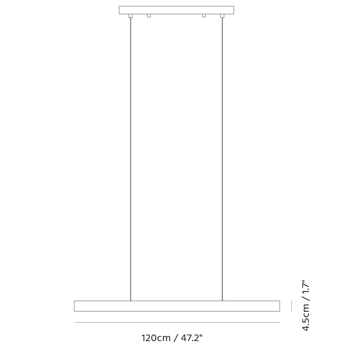 Linear LED pendant with wood ends, dimension drawing