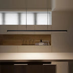 Linear LED pendant with wood ends, above a kitchen worktop