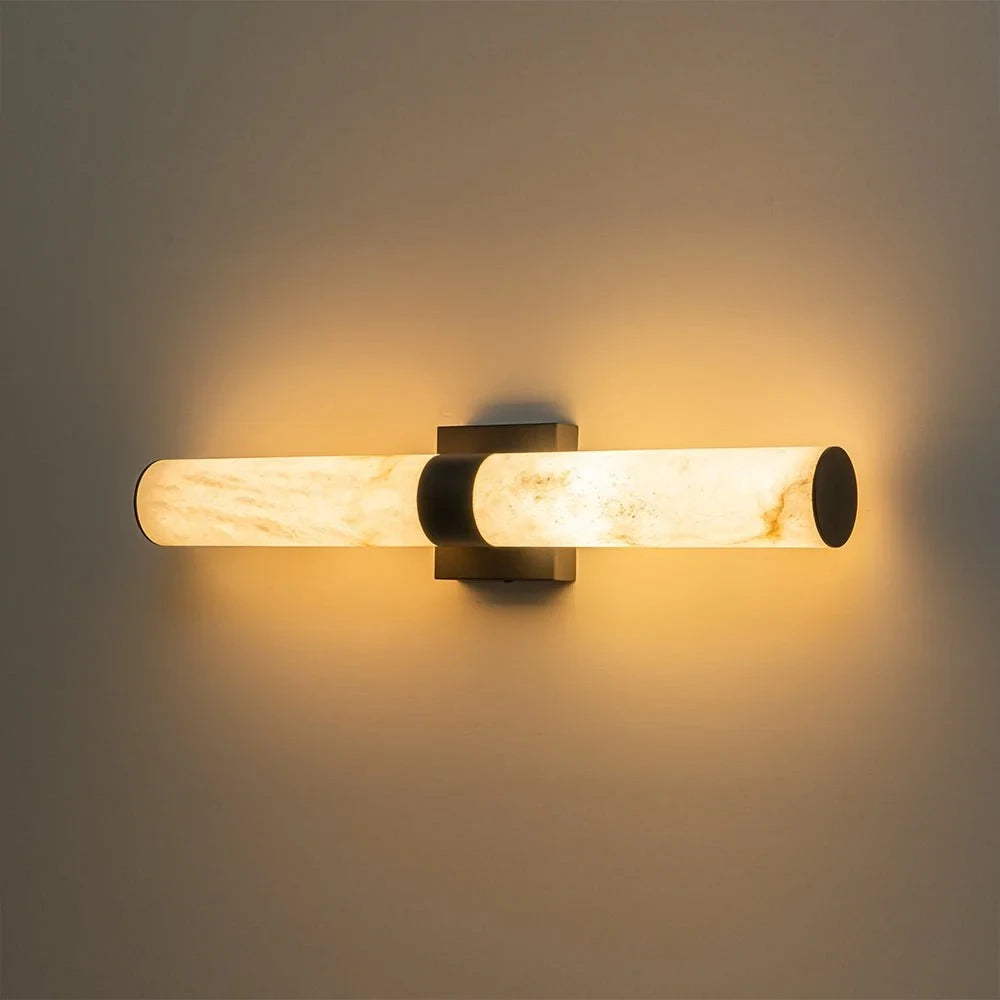 Linear LED wall light with a veined shade, lit horizontally