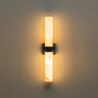 Linear LED wall light with a veined shade, lit upright