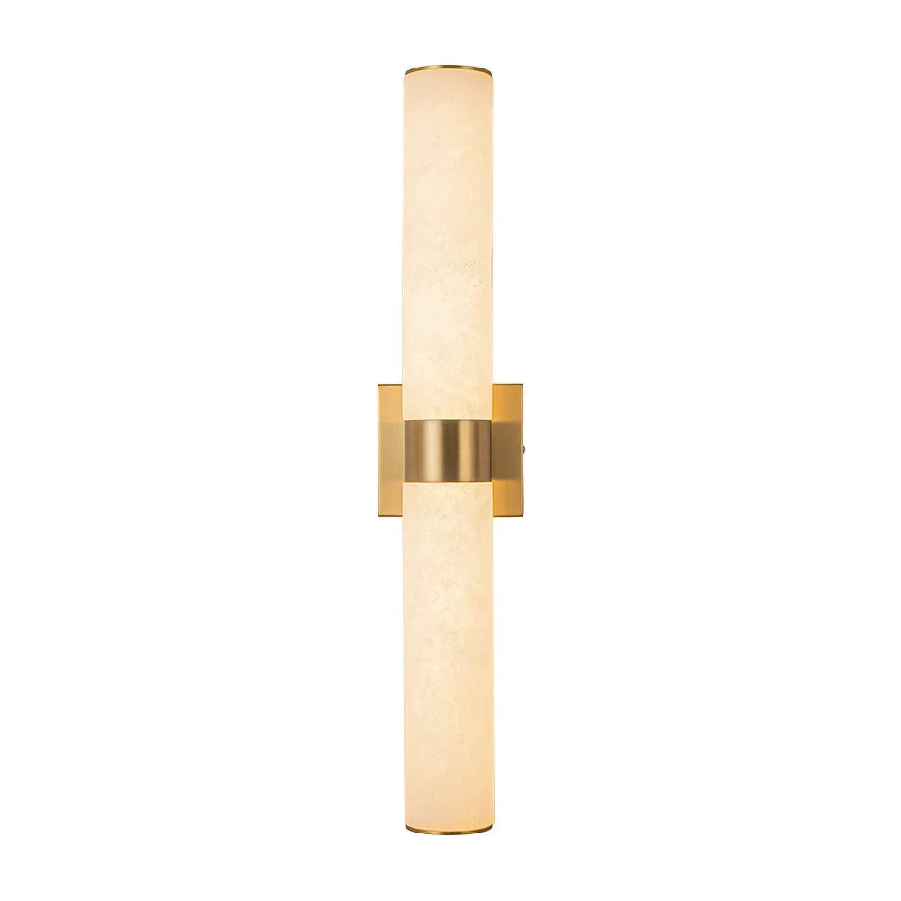 Linear LED wall light with a veined shade, in brass, upright