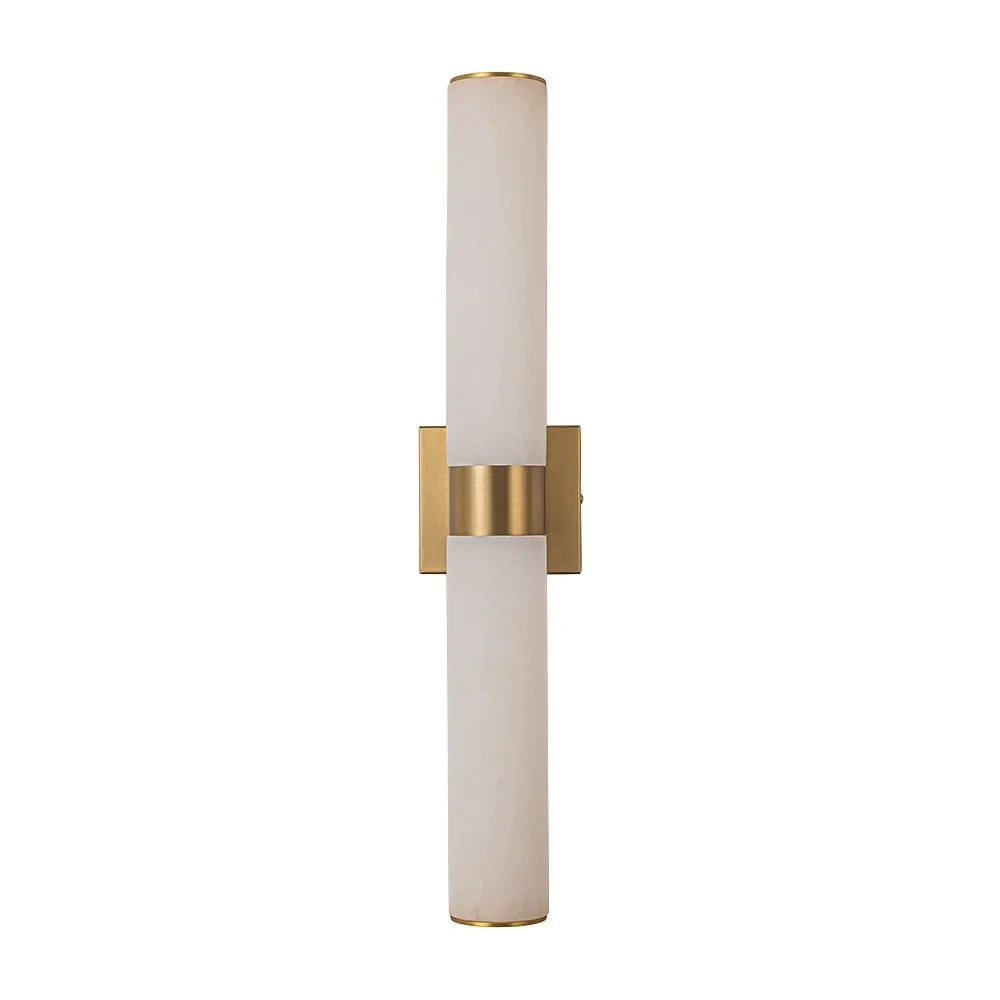 Linear LED wall light with a veined shade, in brass, upright