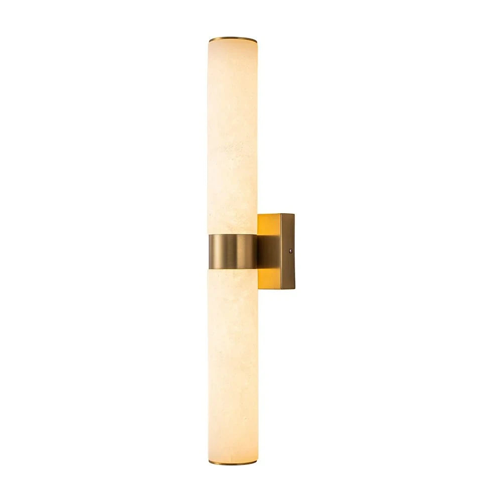 Linear LED wall light with a veined shade, in brass, upright