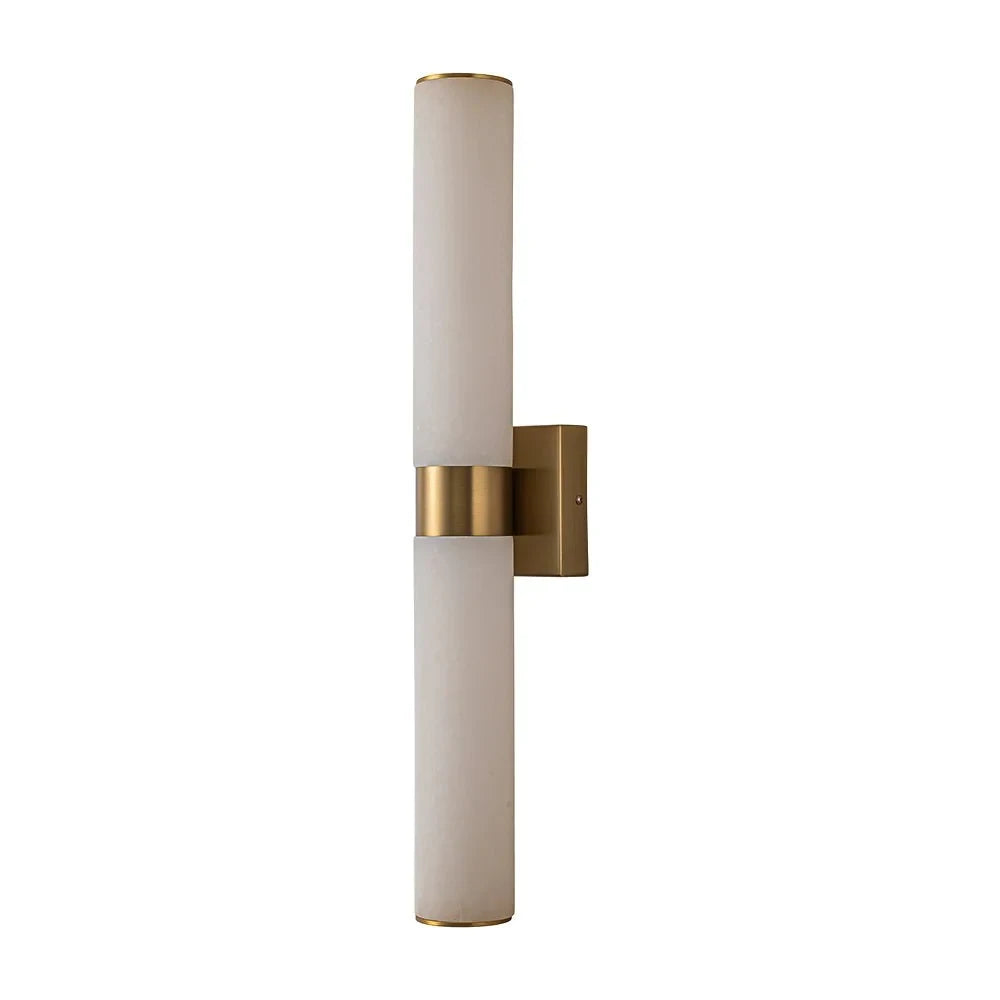 Linear LED wall light with a veined shade, in brass, upright