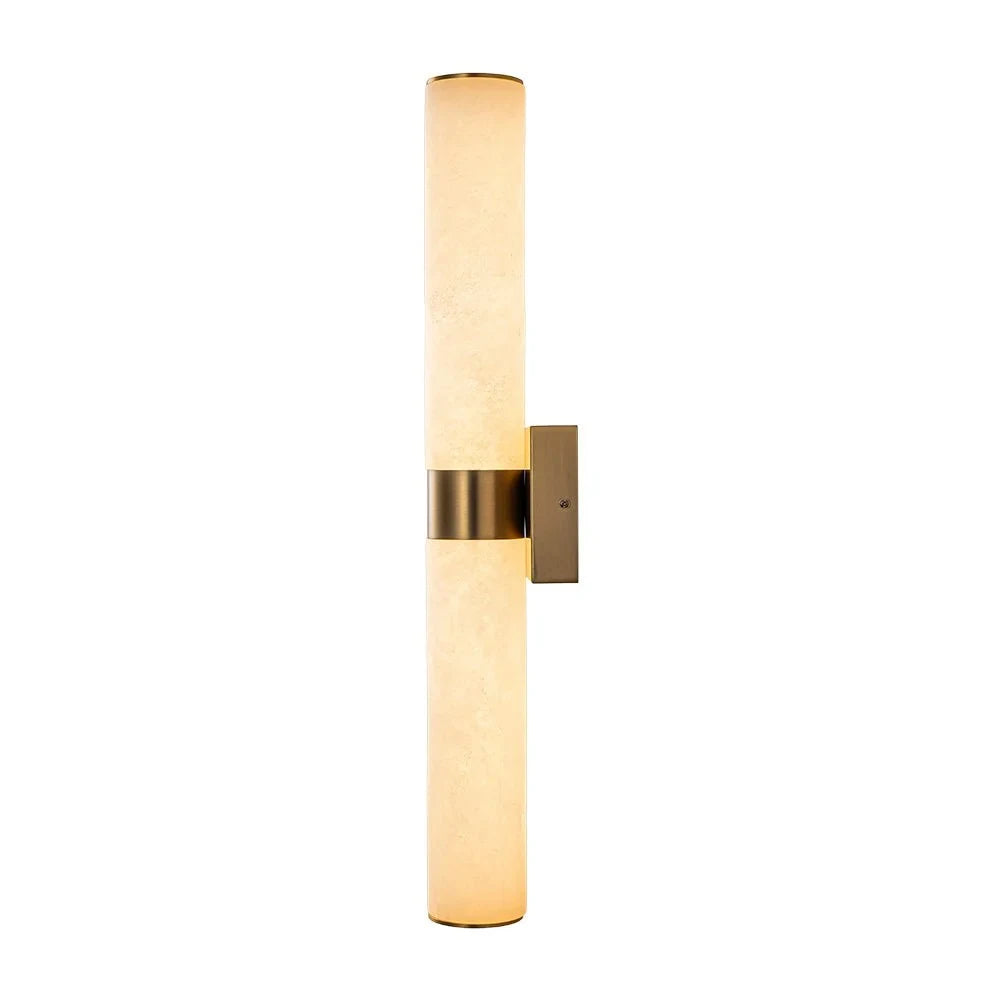 Linear LED wall light with a veined shade, in brass, upright