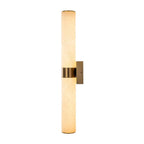 Linear LED wall light with a veined shade, in brass, upright