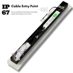 Linear outdoor wall light with a clear edge, showing the waterproof cable entry