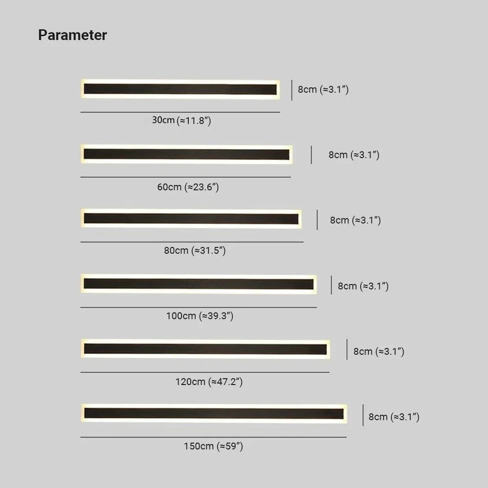 Linear outdoor wall light with a clear edge, sizes with measurements