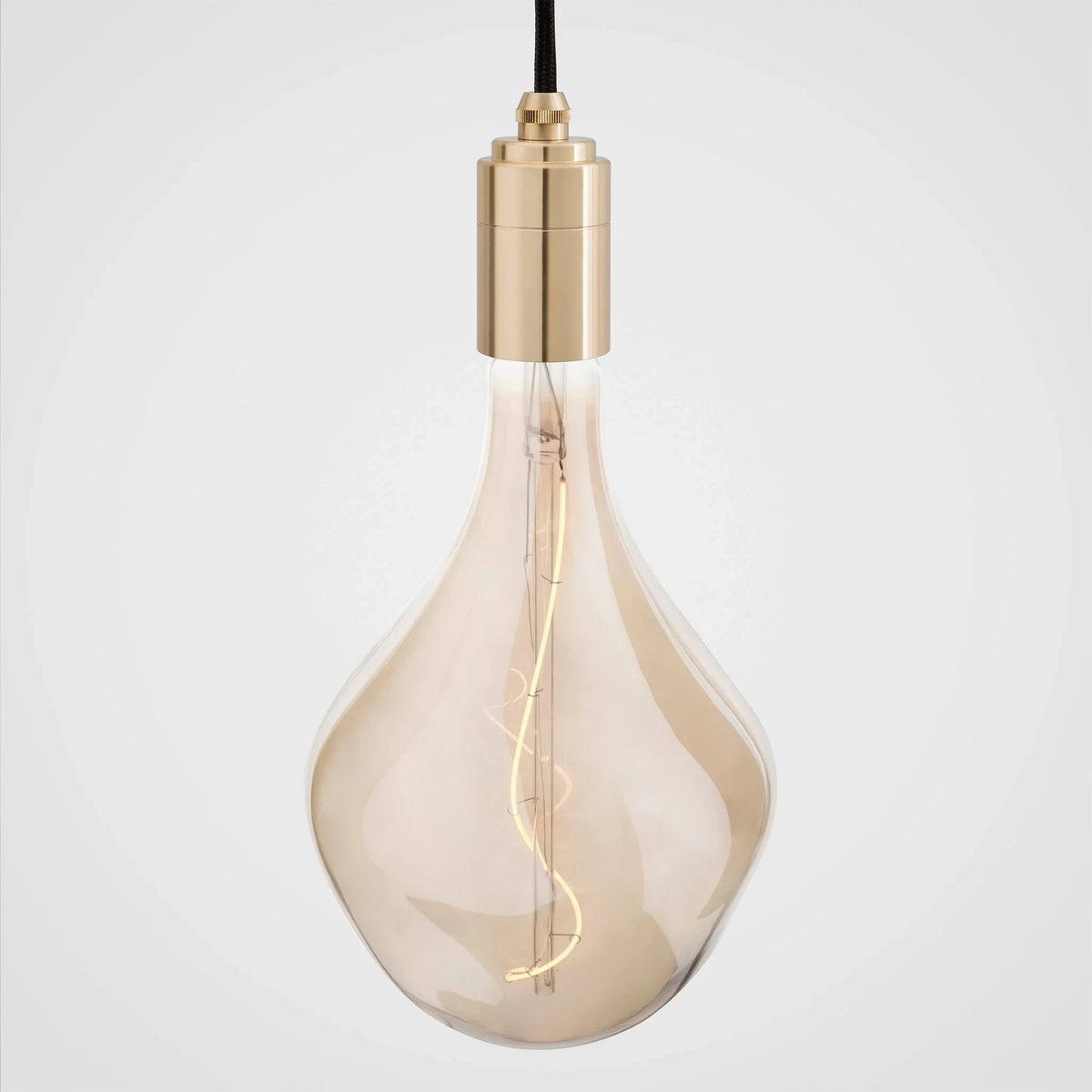 Linear triple tinted teardrop pendant, brass holder with tinted bulb