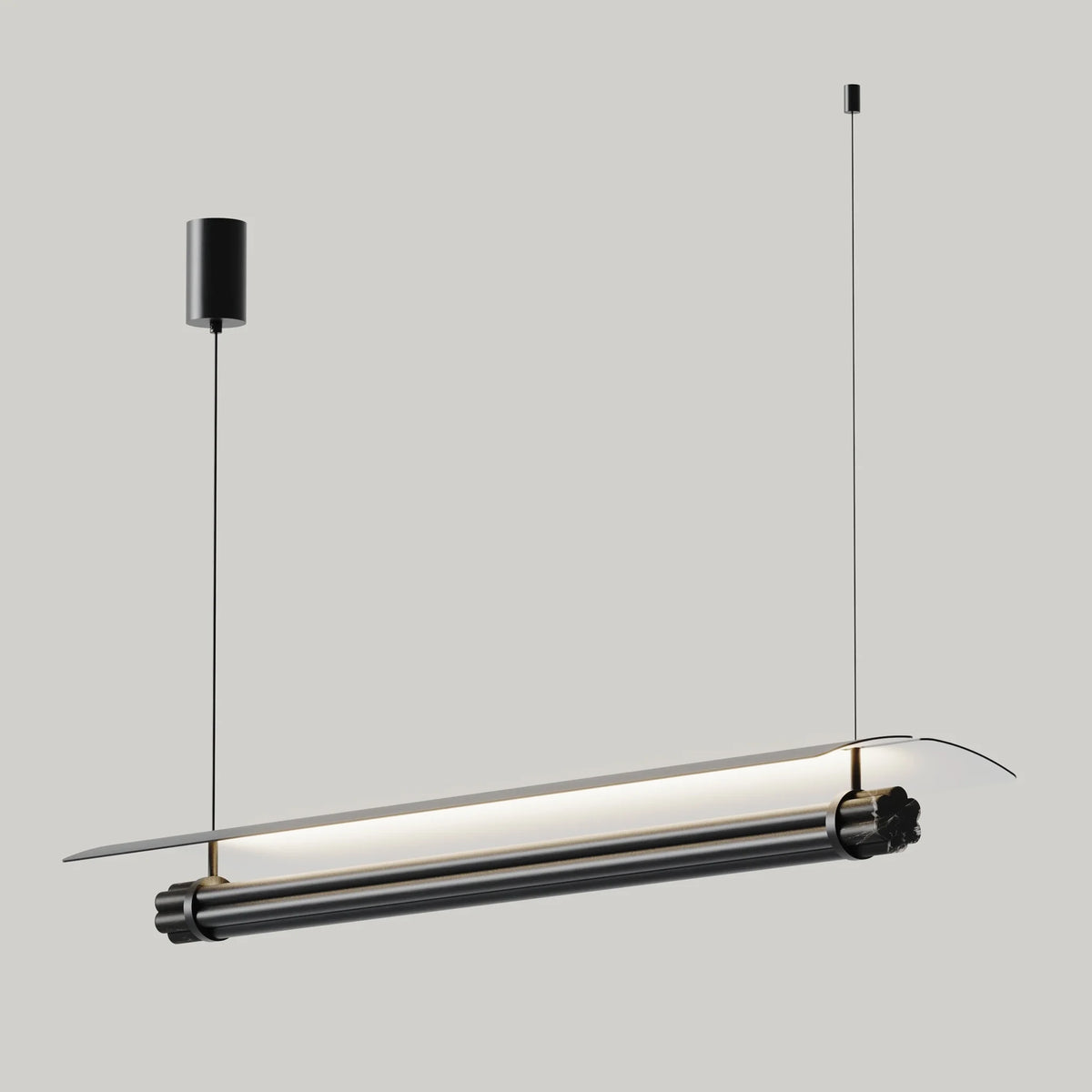 Linear tube LED pendant with marble end caps, in matte black