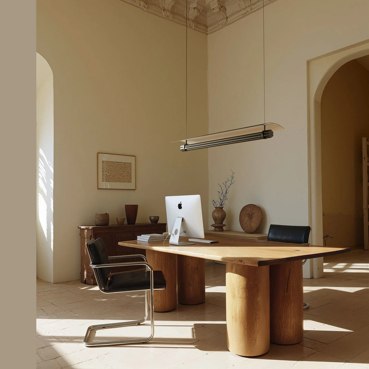 Linear tube LED pendant with marble end caps, above a desk in a high-ceilinged room