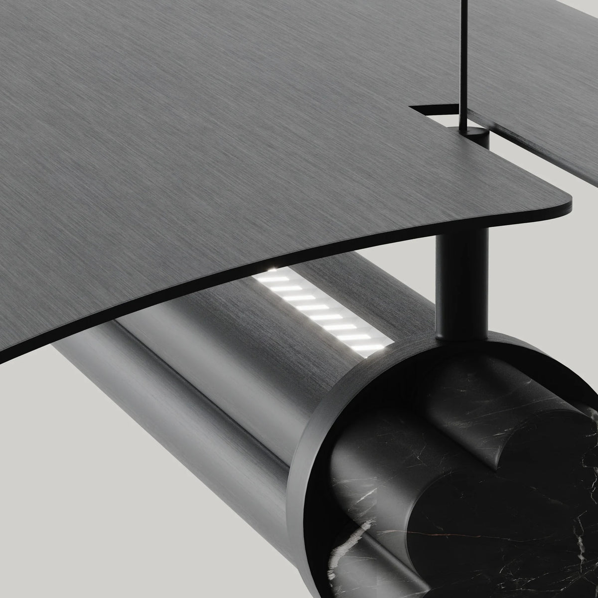 Linear tube LED pendant with marble end caps, close-up of the reflector and tube