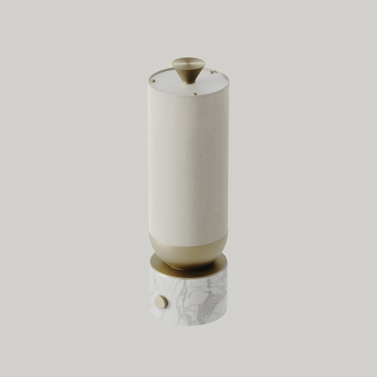 Linen cylinder table lamp, with matte brass and a white marble base, front view