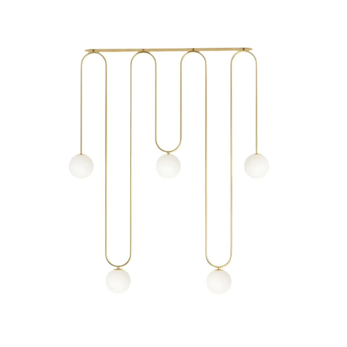 Long looping pendant with five white globes at staggered heights, in brushed brass