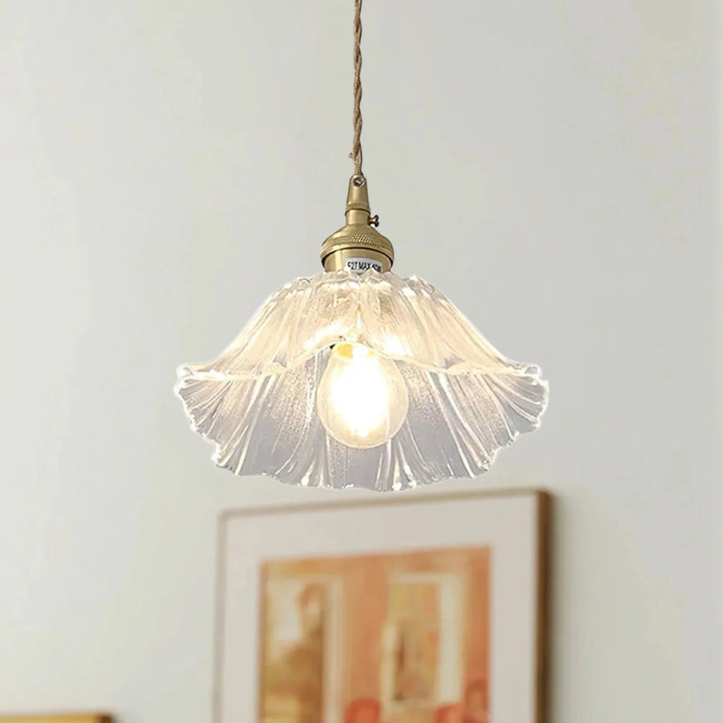 Lotus ruffled glass pendant light, Small, 19cm wide, Clear