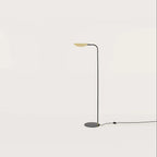 Low-arc reading floor lamp with brass shade, against a plain wall
