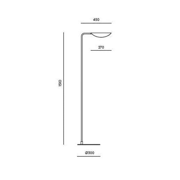Low-arc reading floor lamp with brass shade, dimension drawing