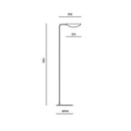 Low-arc reading floor lamp with brass shade, dimension drawing