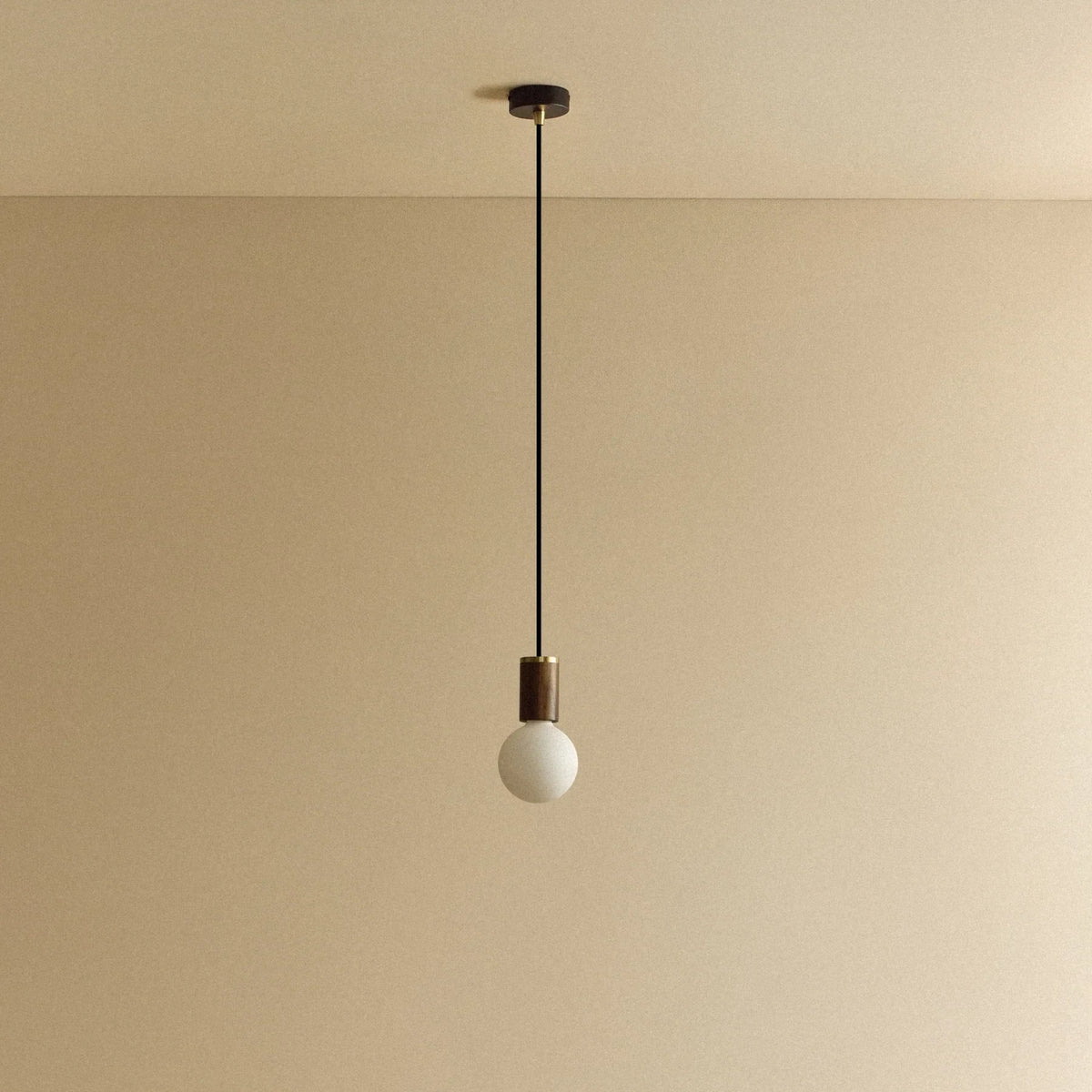 Low matte white glass pendant, mouth-blown bulb, walnut, unlit