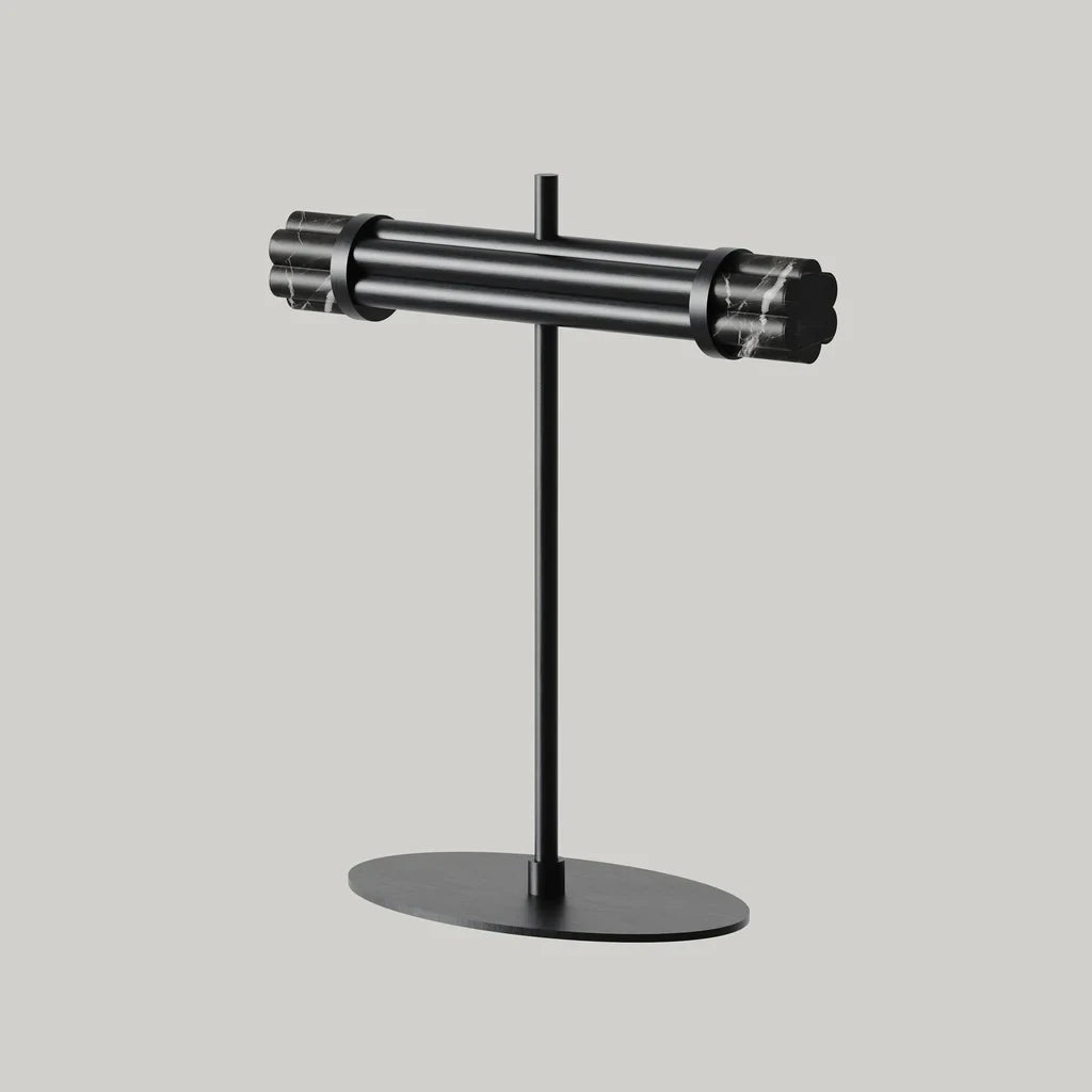 Marble bar LED table lamp with oval base, in matte black, close view of the head