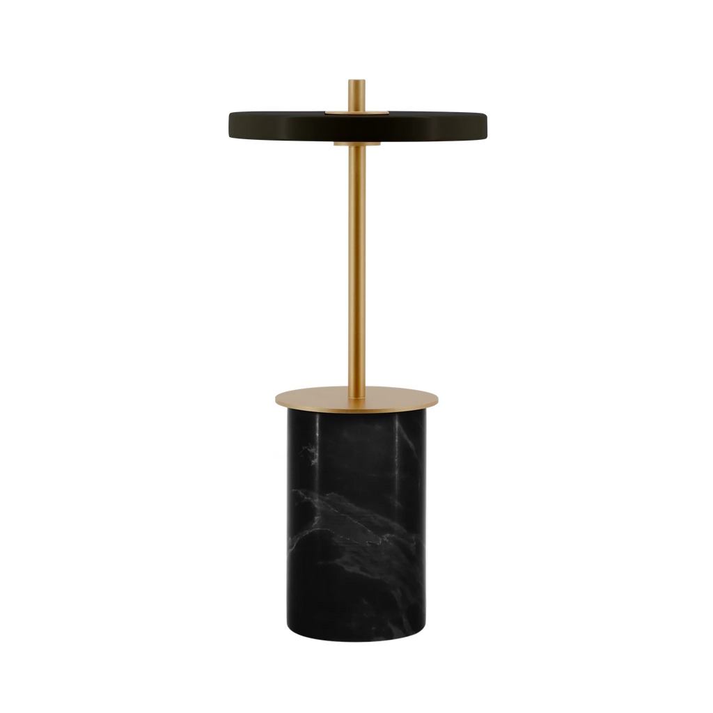 Cordless marble base table lamp, mini, black marble, lit
