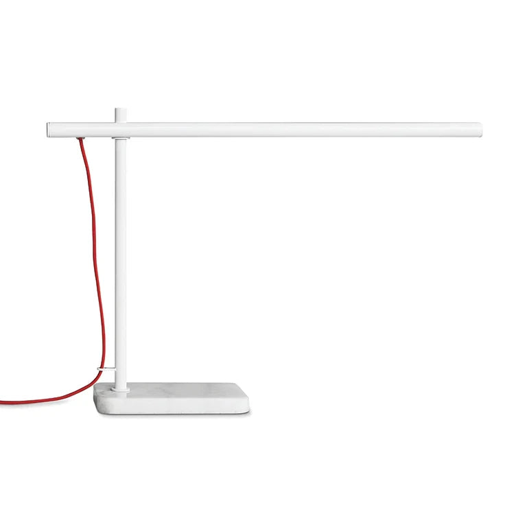 Slim task table lamp with marble base, matte white, side view