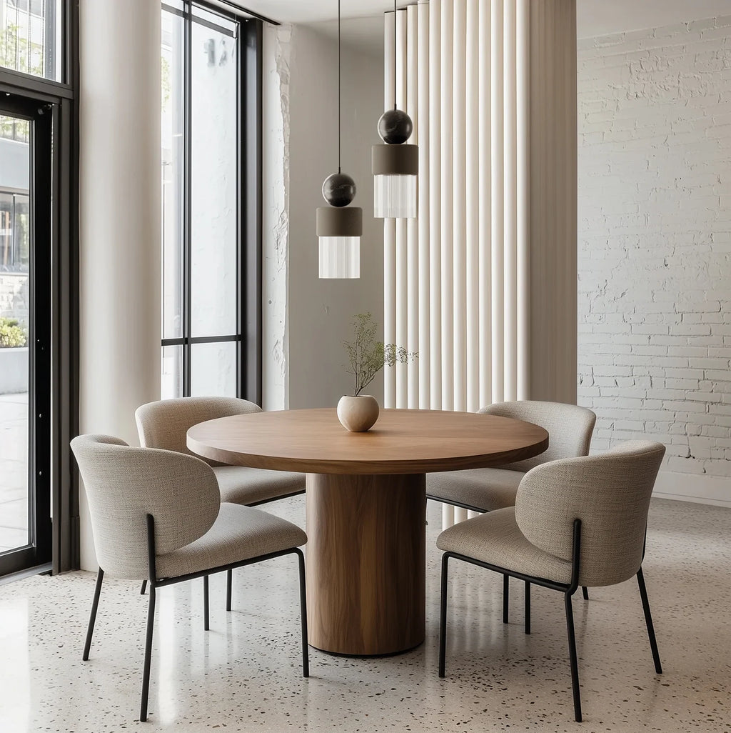 Marble, ceramic and striped glass pendant, above a round dining table