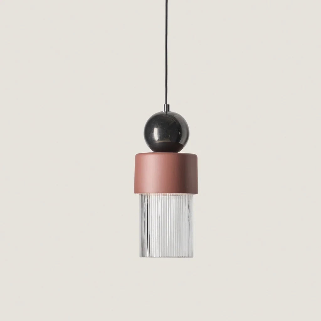 Marble, ceramic and striped glass pendant, with dark marble sphere