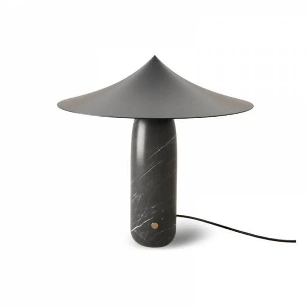 Marble table lamp with a wide pointed shade, black marble with a black shade