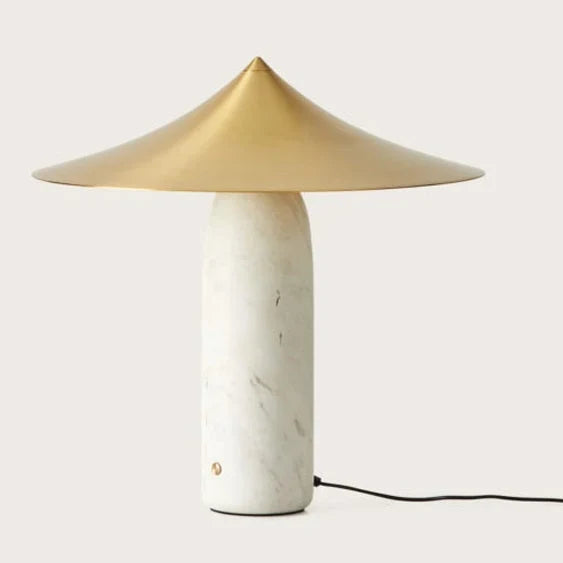 Marble table lamp with a wide pointed shade, white marble with a matt brass shade