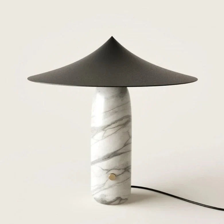 Marble table lamp with a wide pointed shade, white marble with a black shade