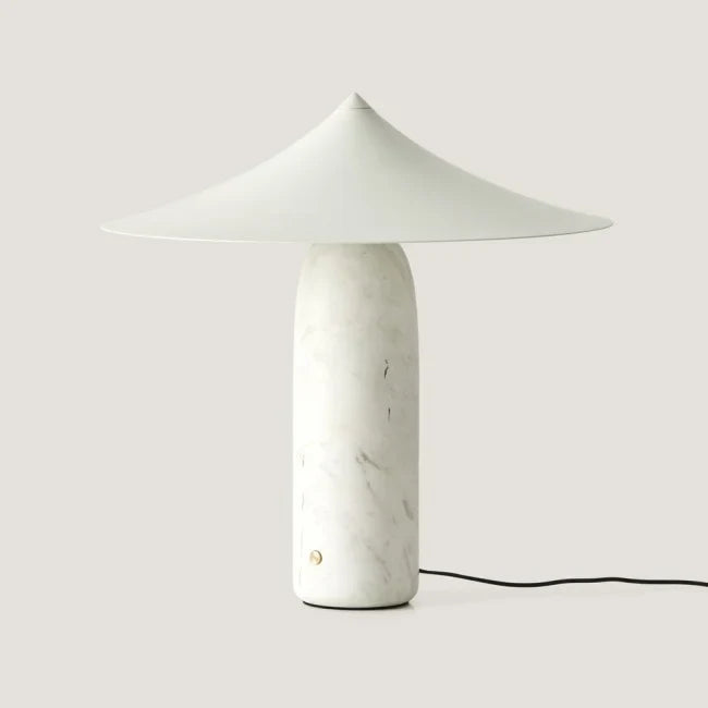 Marble table lamp with a wide pointed shade, white marble with a white shade