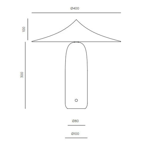 Marble table lamp with a wide pointed shade, dimension drawing