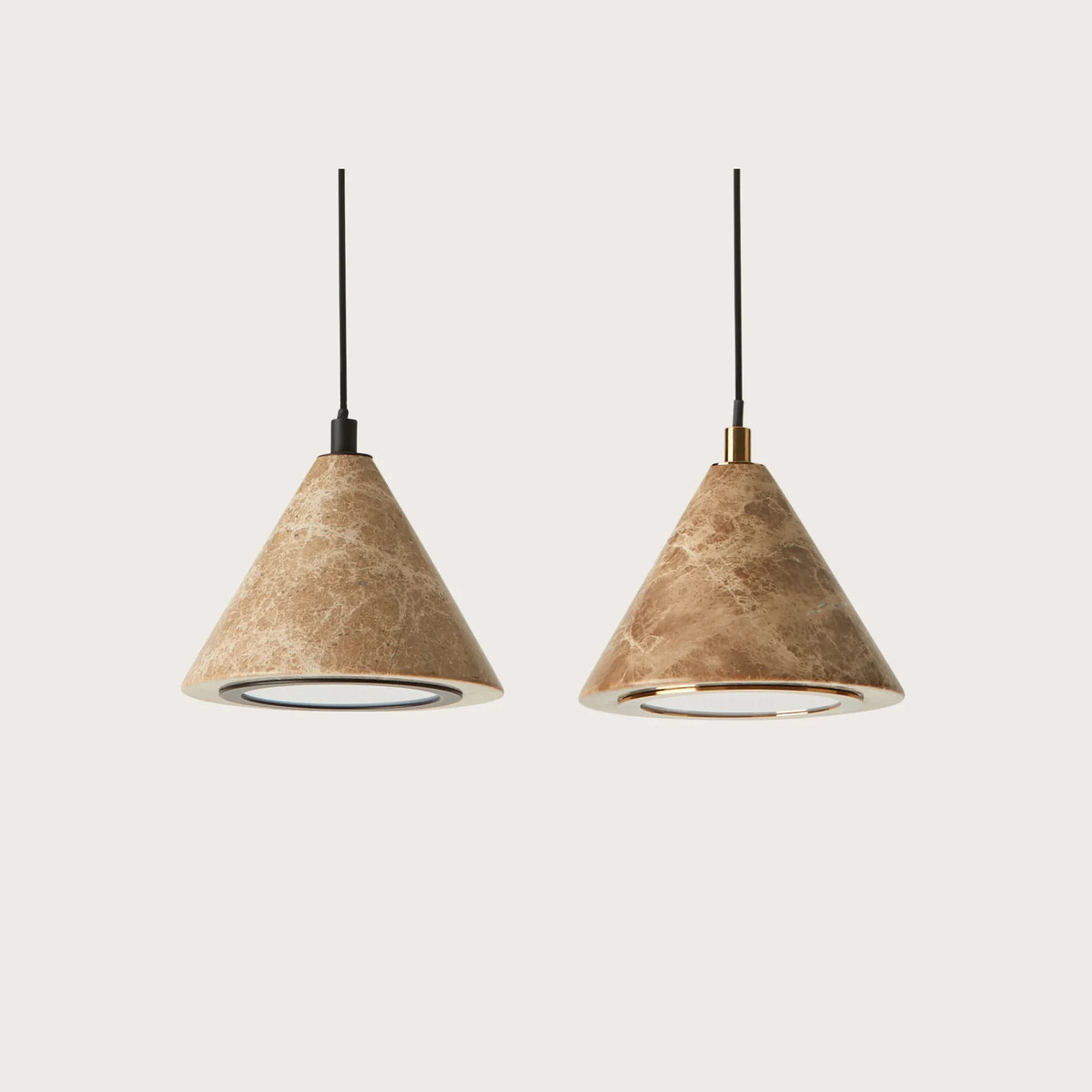 Marble cone LED pendant, pair of cones, close-up