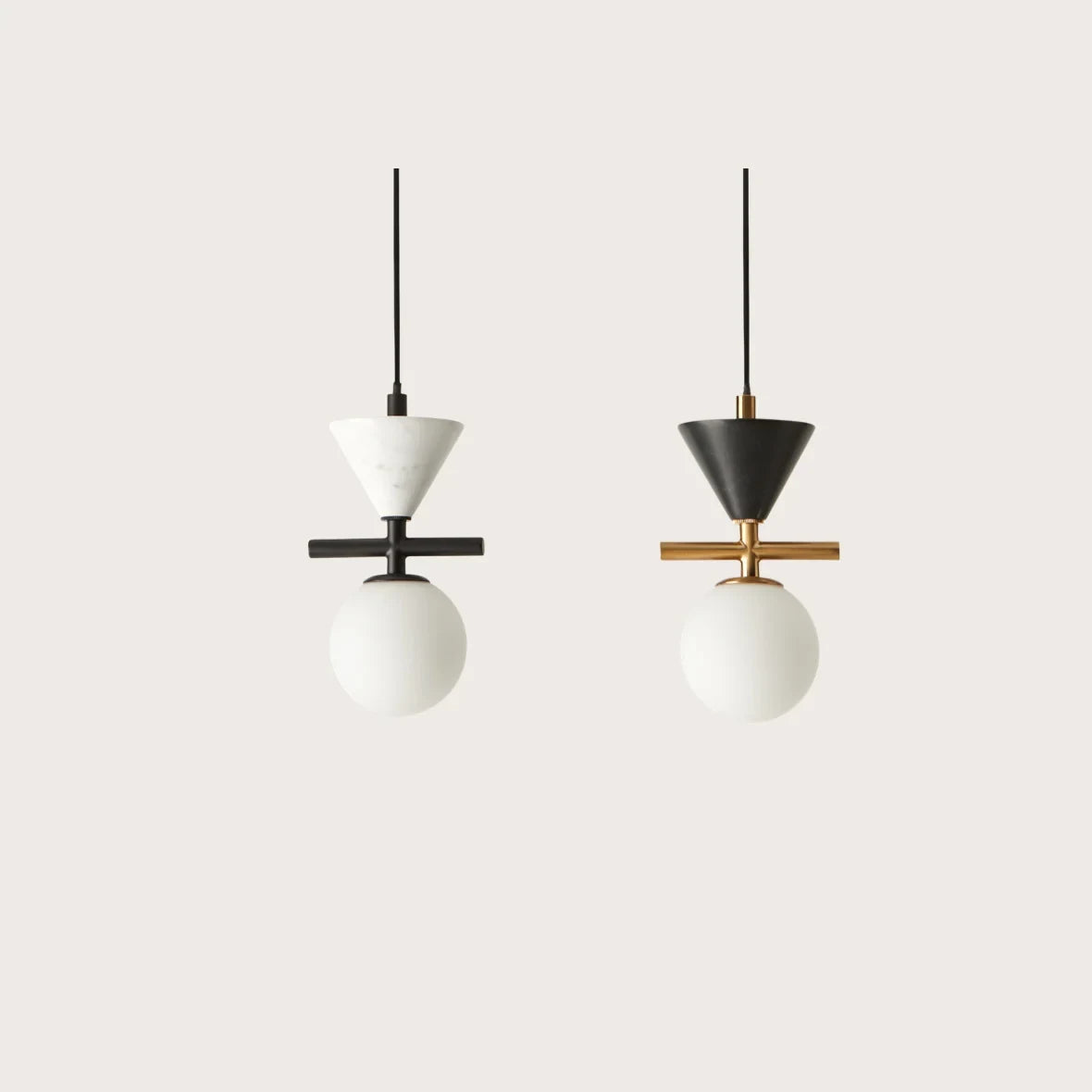 Marble cone and opal globe pendant, both finishes side by side