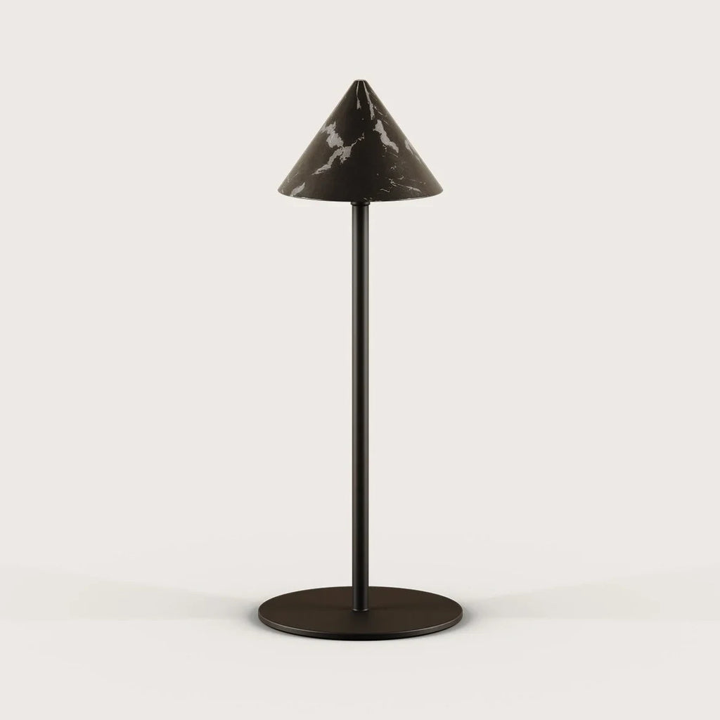 Marble cone shade LED table lamp, in matte black, on a plain background