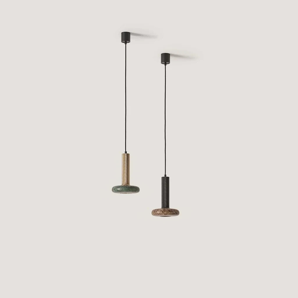 Marble disc cylinder pendant, pair in two finishes