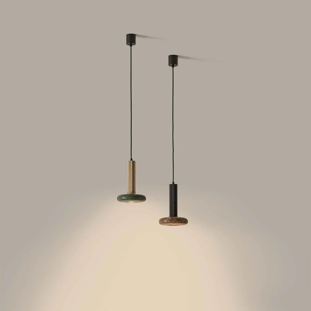 Marble disc cylinder pendant, pair, lit
