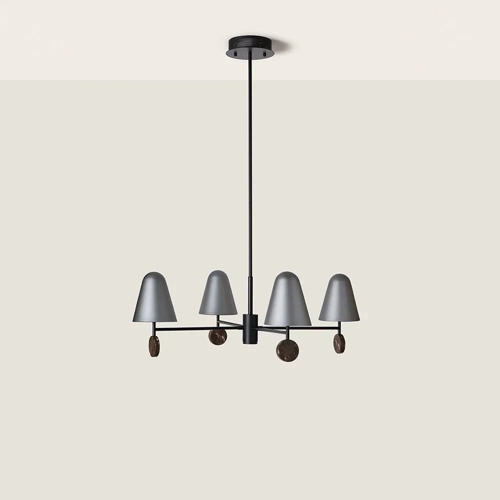 Marble disc four-arm LED chandelier, on a plain background