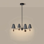 Marble disc four-arm LED chandelier, lit, on a plain background