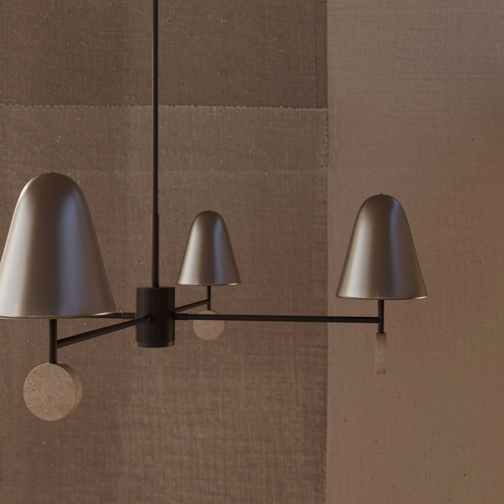 Marble disc four-arm LED chandelier, close-up of the bell shades and discs