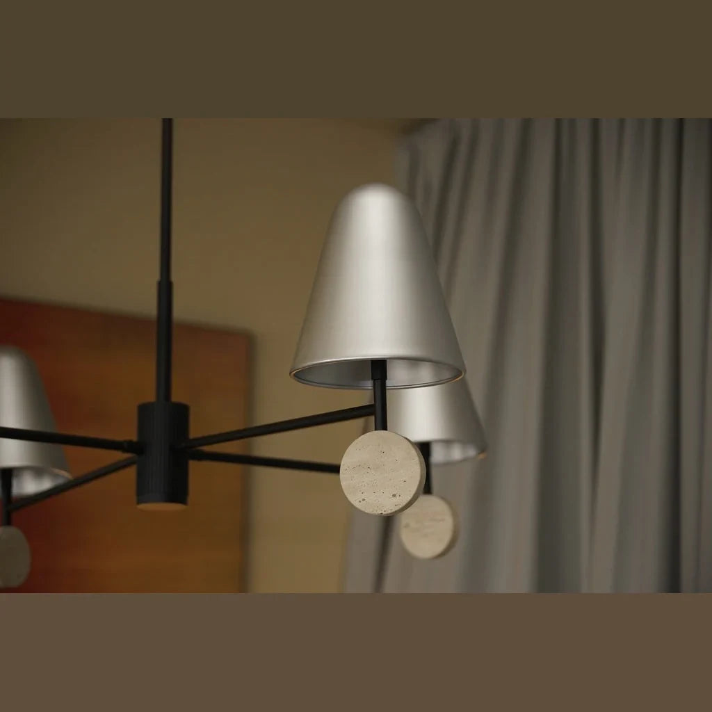 Marble disc four-arm LED chandelier, close-up of a shade and disc