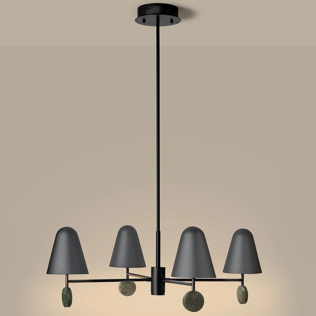 Marble disc four-arm LED chandelier, lit, front view