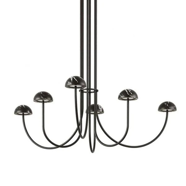Marble dome six-arm LED chandelier, in matt black, close view of the arms