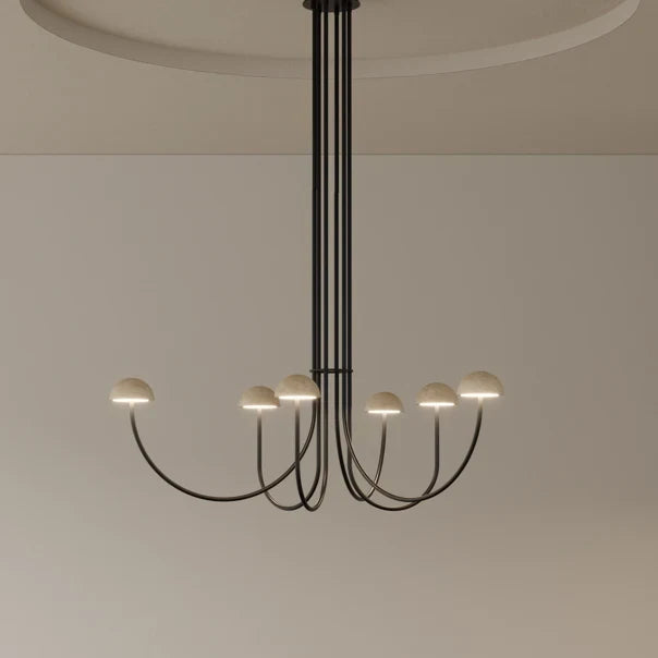 Marble dome six-arm LED chandelier, lit from below in a pale room