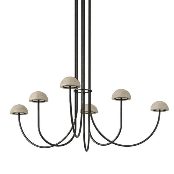 Marble dome six-arm LED chandelier, in matt black with travertine shades