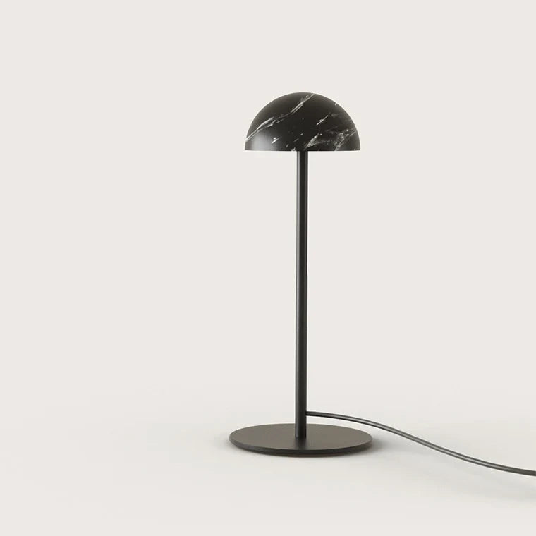 Marble dome table lamp on a slim stem, black marble dome on a black stem